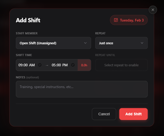Add Shift Modal - Easy shift creation with time selection
