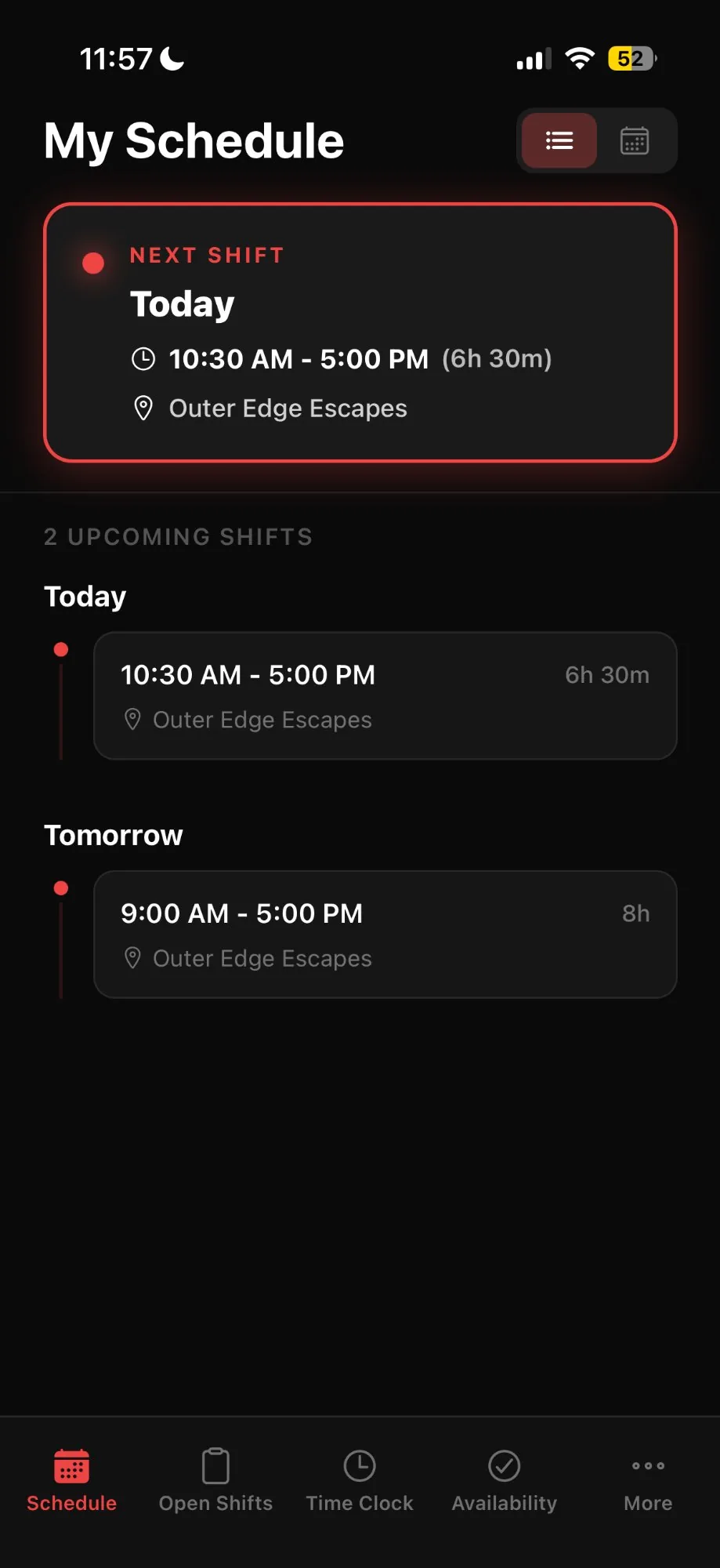 Schedule Screen
