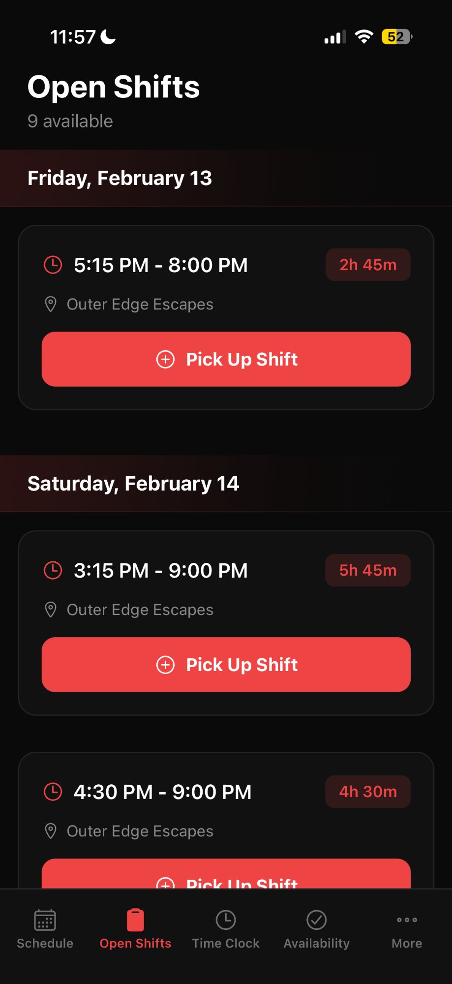 Open Shifts Screen