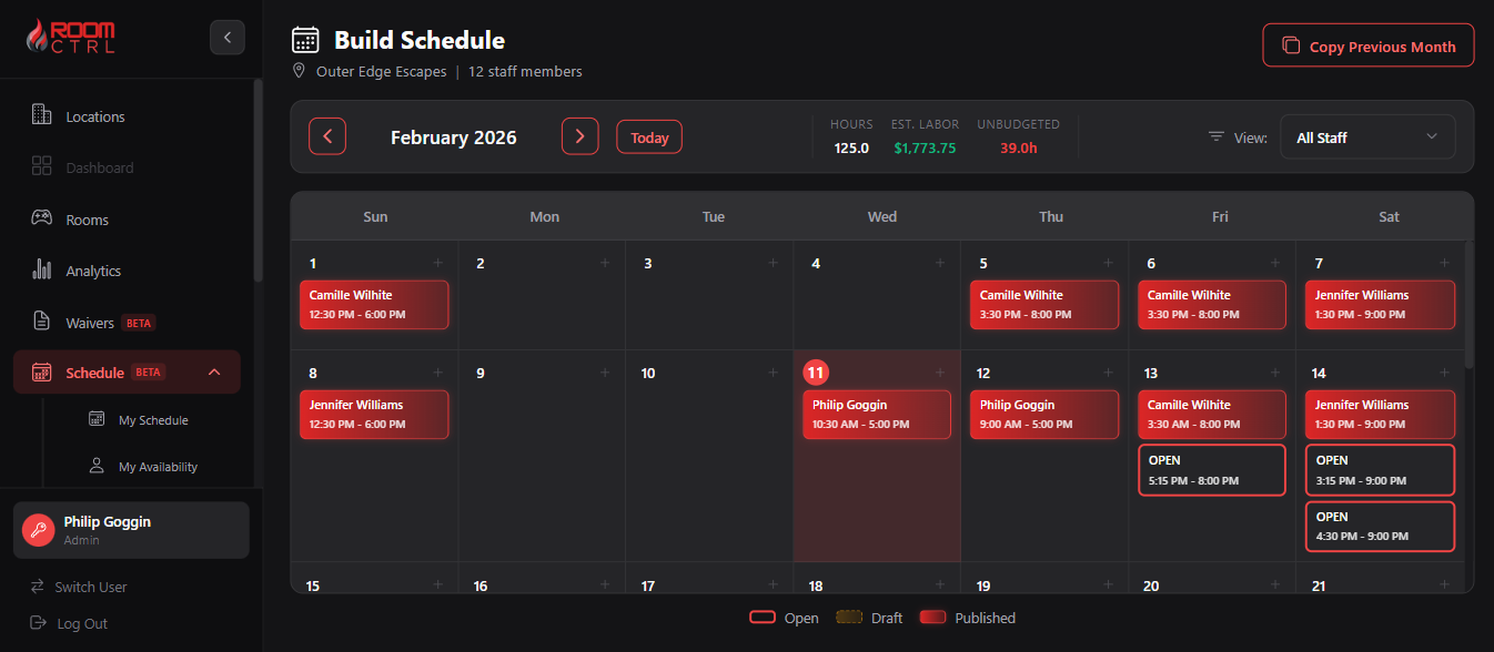 RoomCTRL Schedule Builder - Monthly calendar view with staff shifts