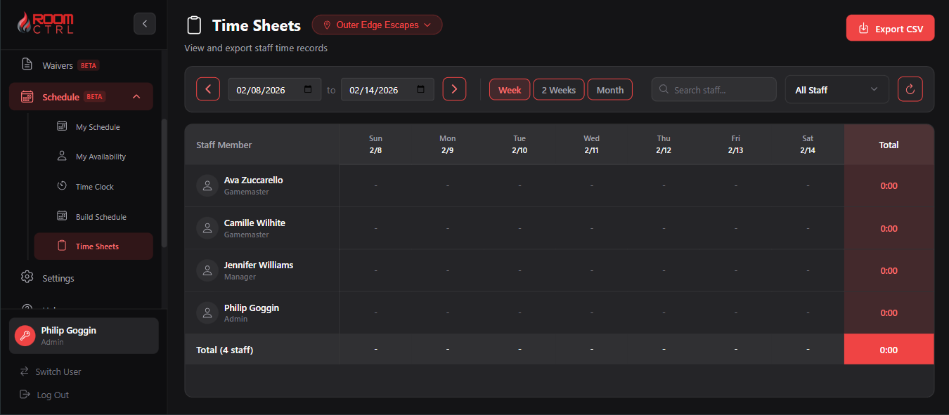 Time Sheets View - Weekly staff hours with export option